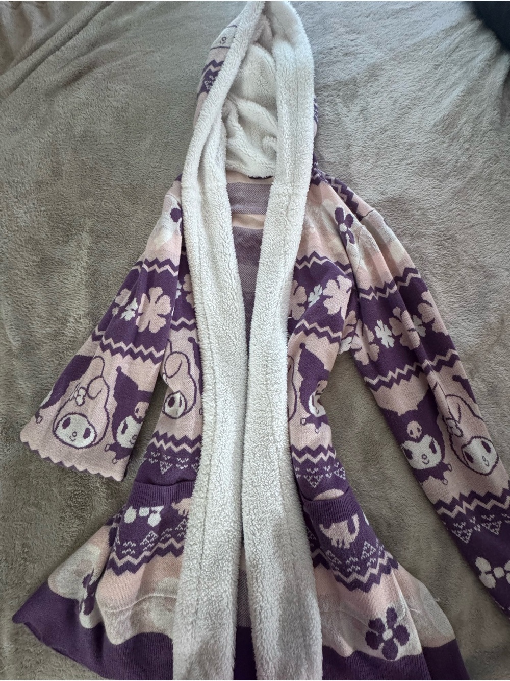 Sanrio Purple and Cream Hooded Plush Cardigan